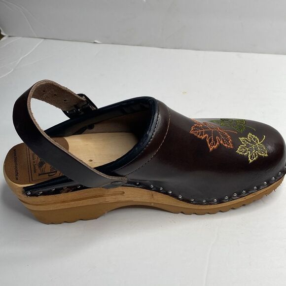 Troentorp Made In Sweden Brown Wooden Heel Embroidered Mule Clogs - Picture 6 of 11